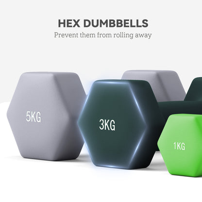 Dumbbells Set with Storage Rack, 2 x 1kg, 2 x 3kg, 2 x 5kg, Green