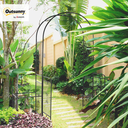 Metal Garden Arbor Arch with Double Doors, 2 Side Planter Baskets, Climbing Vine Frame, Black