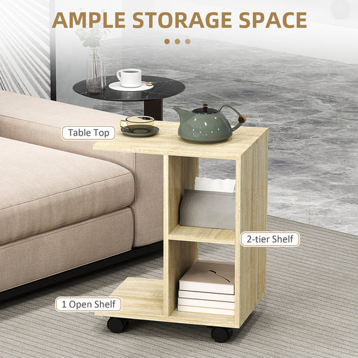 C-Shape End Table Storage Unit w/ 2 Shelves 4 Wheels Home Natural