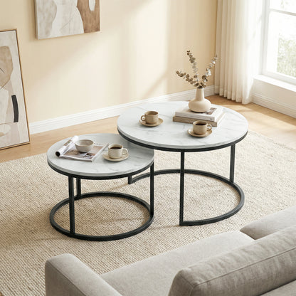 2 Pcs Stacking Coffee Table Set Steel Frame, Marble White