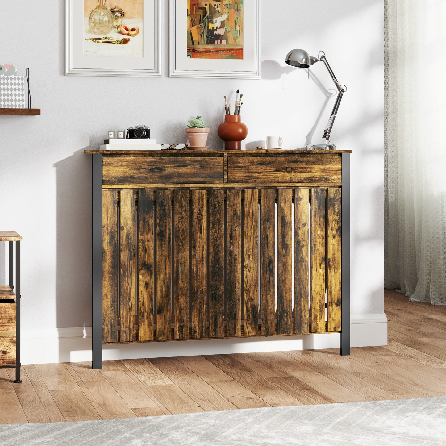 Large Radiator Cover with Drawers and Vertical Slats 119 x 19 x 93cm