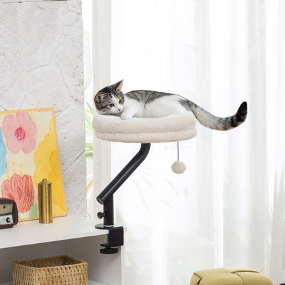 Cat Bed for Desk, 360° Rotatable Adjustable Elevated Cat Desk Bed, Comfortable Soft Plush Kitten Hammock Nest Machine-Washable, Cream White