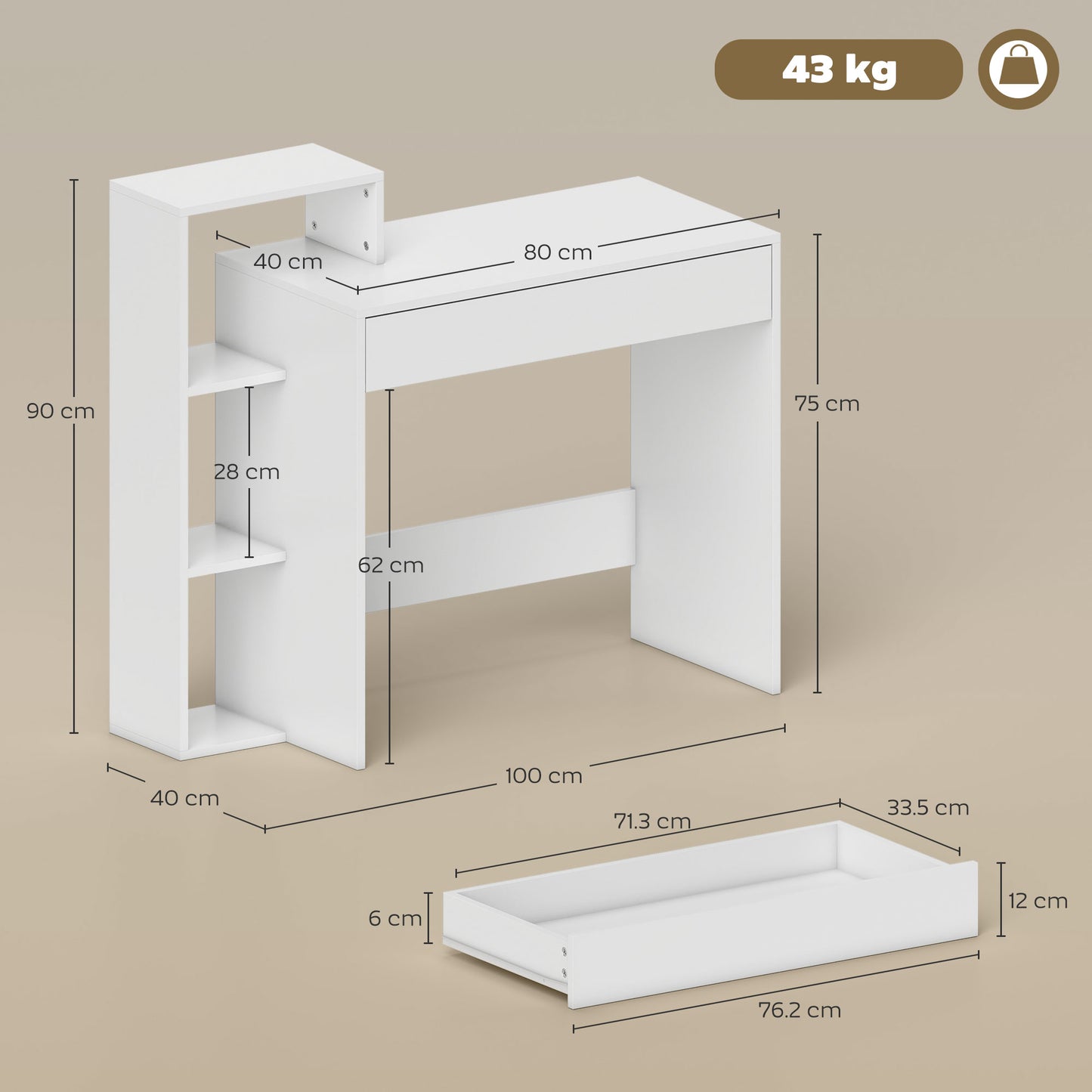 Computer Desk with 3 Open Shelves and Drawer, White
