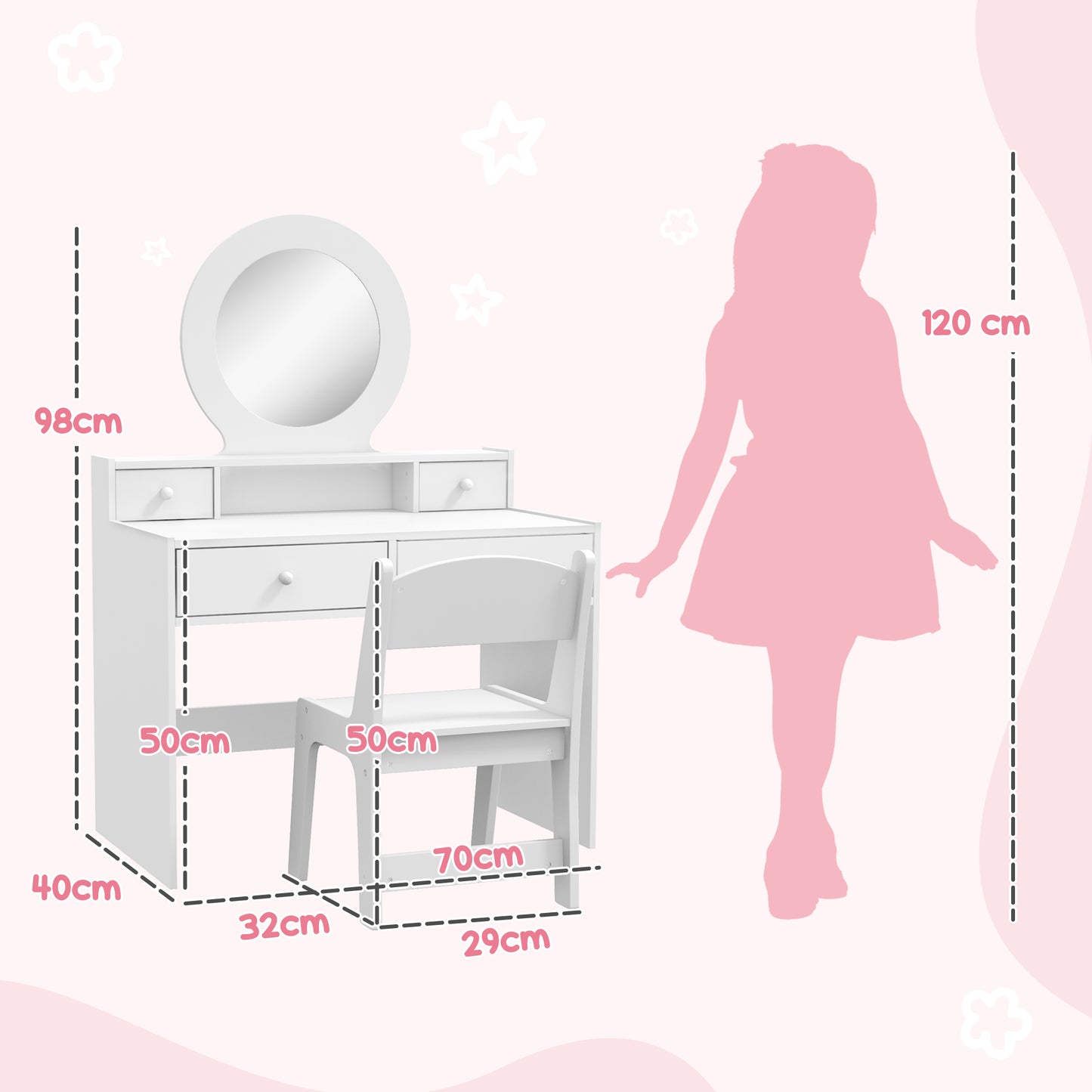 Kids Dressing Table Set w/ Stool, Mirror, Drawers - White