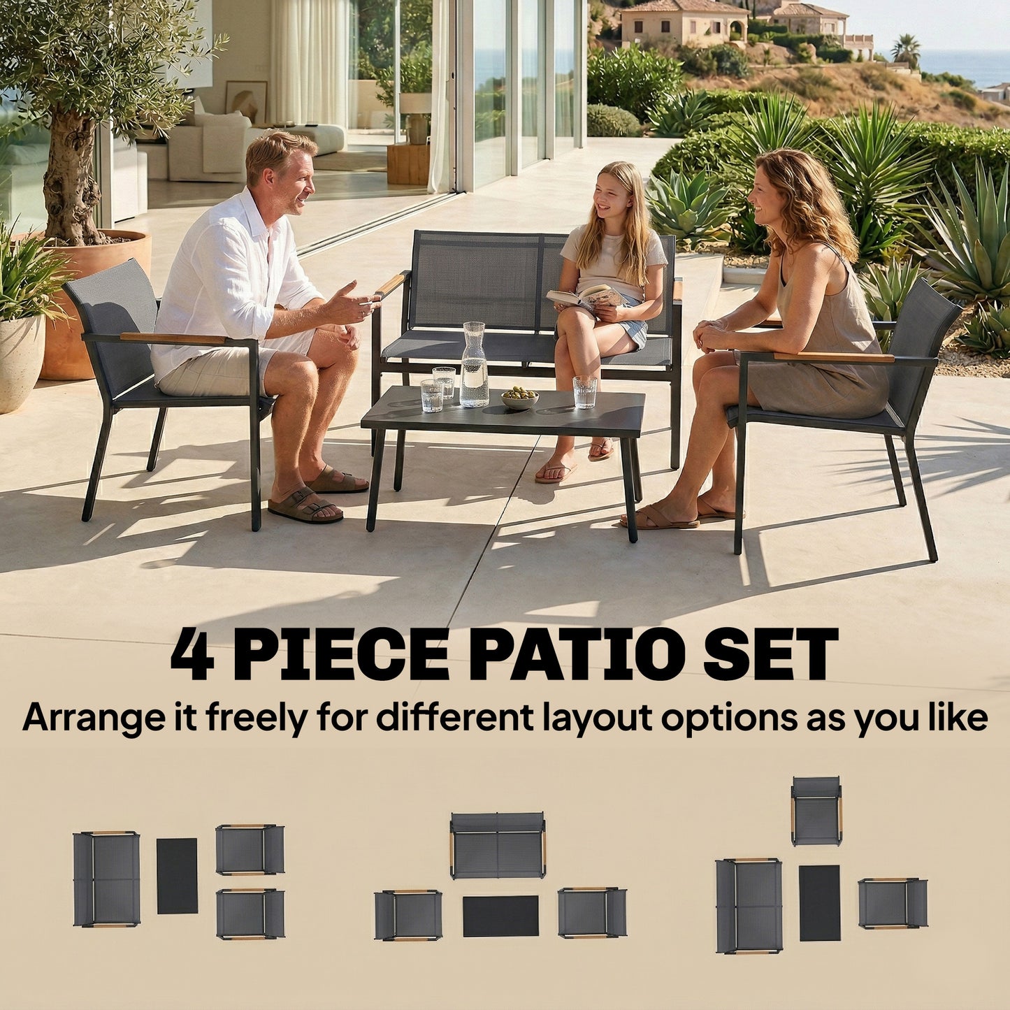 4 Seater Garden Furniture Set, Metal Garden Sofa Set, Grey