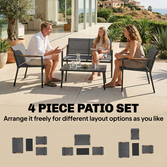 4 Seater Garden Furniture Set, Metal Garden Sofa Set, Grey