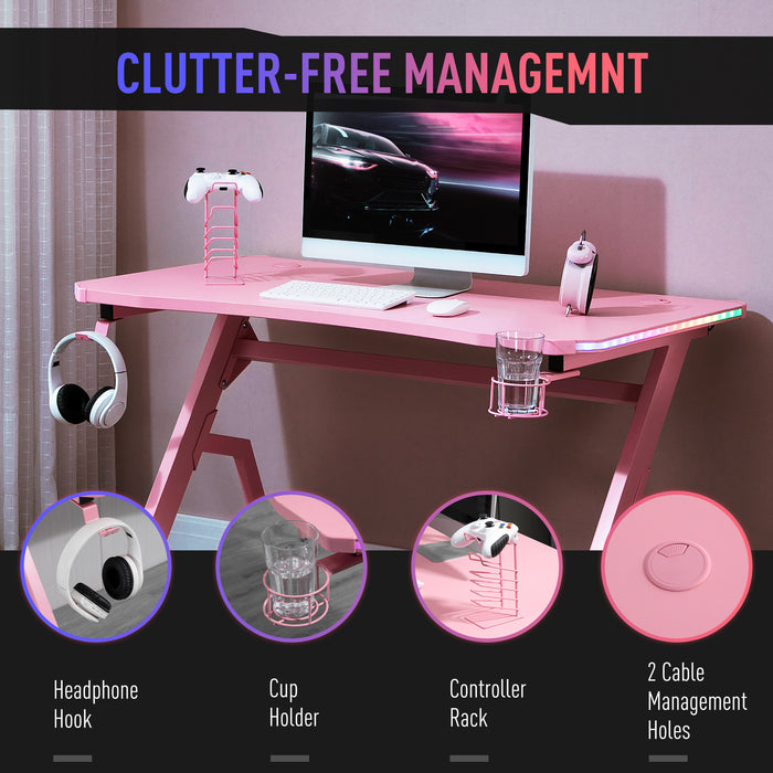 Gaming Desk Racing Style Home Office Ergonomic Computer Table Workstation with RGB LED Lights, Controller Rack & Cable Management, Pink