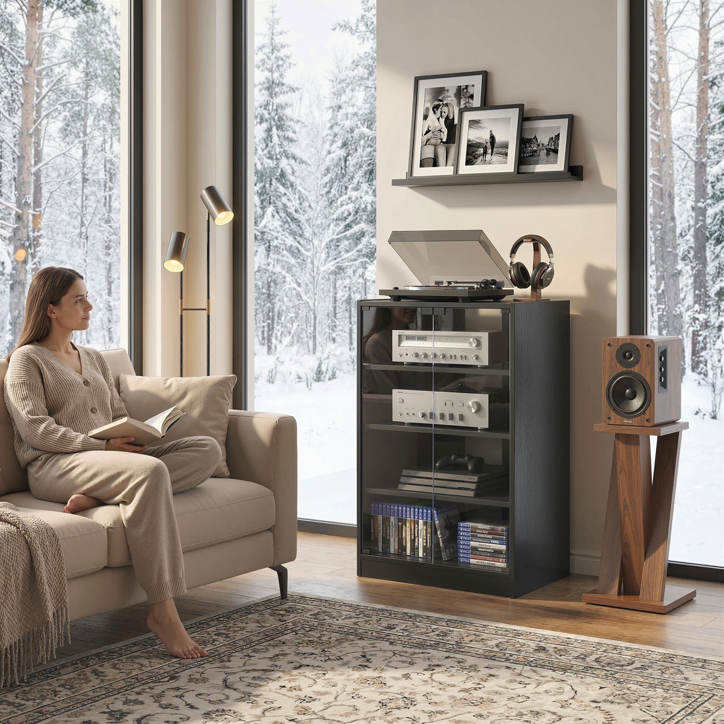 4-Tier Hi-Fi Stand with Adjustable Shelves, Black Wood-Effect