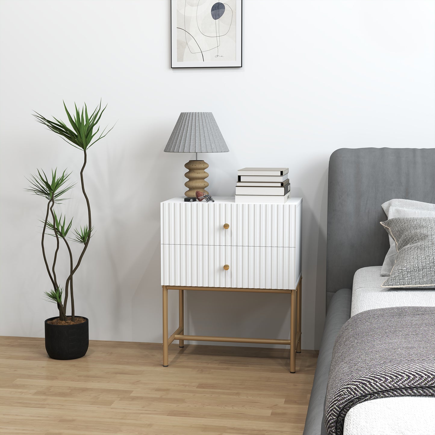 Modern Bedside Table with 2 Drawers for Bedroom, White