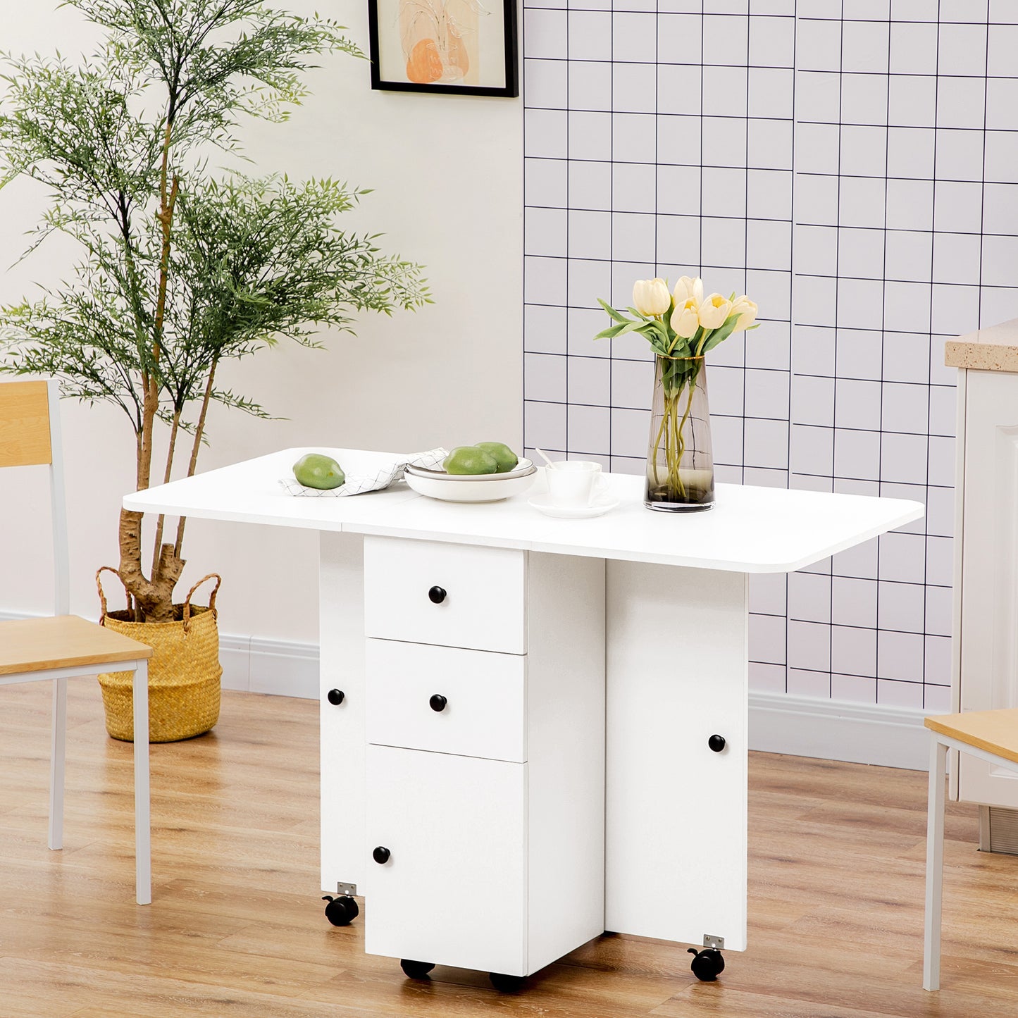 Folding Dining Table, Drop Leaf Table With Drawers White