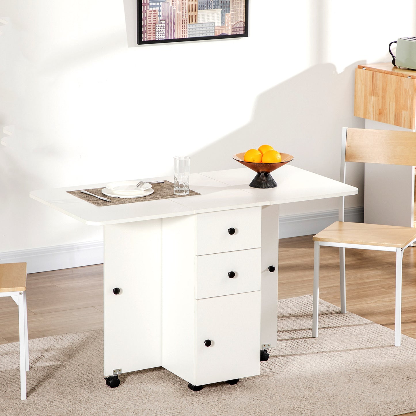 Folding Dining Table, Drop Leaf Table With Drawers White