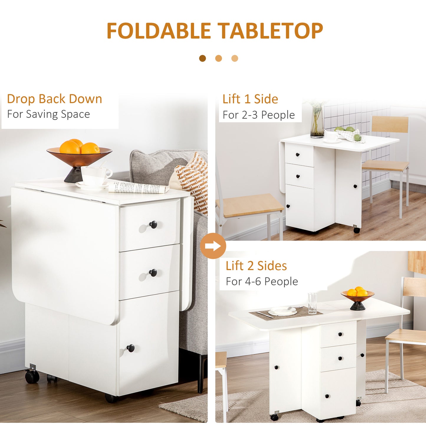 Folding Dining Table, Drop Leaf Table With Drawers White