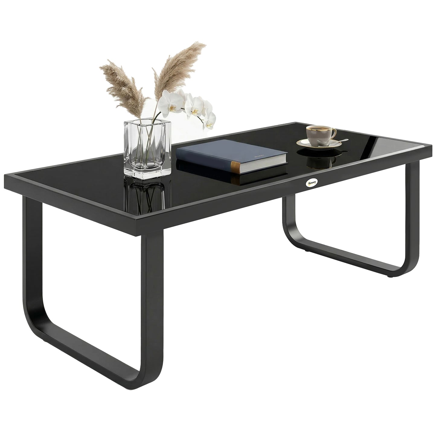 Garden Coffee Table Outdoor Side Table with Glass Top Black