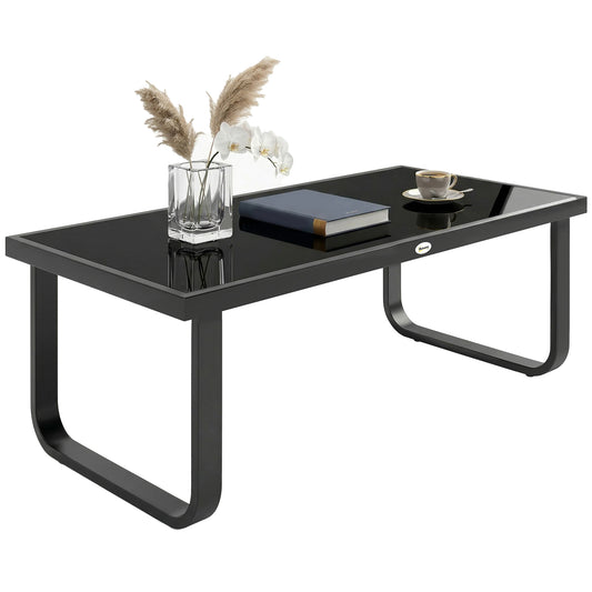 Garden Coffee Table Outdoor Side Table with Glass Top Black