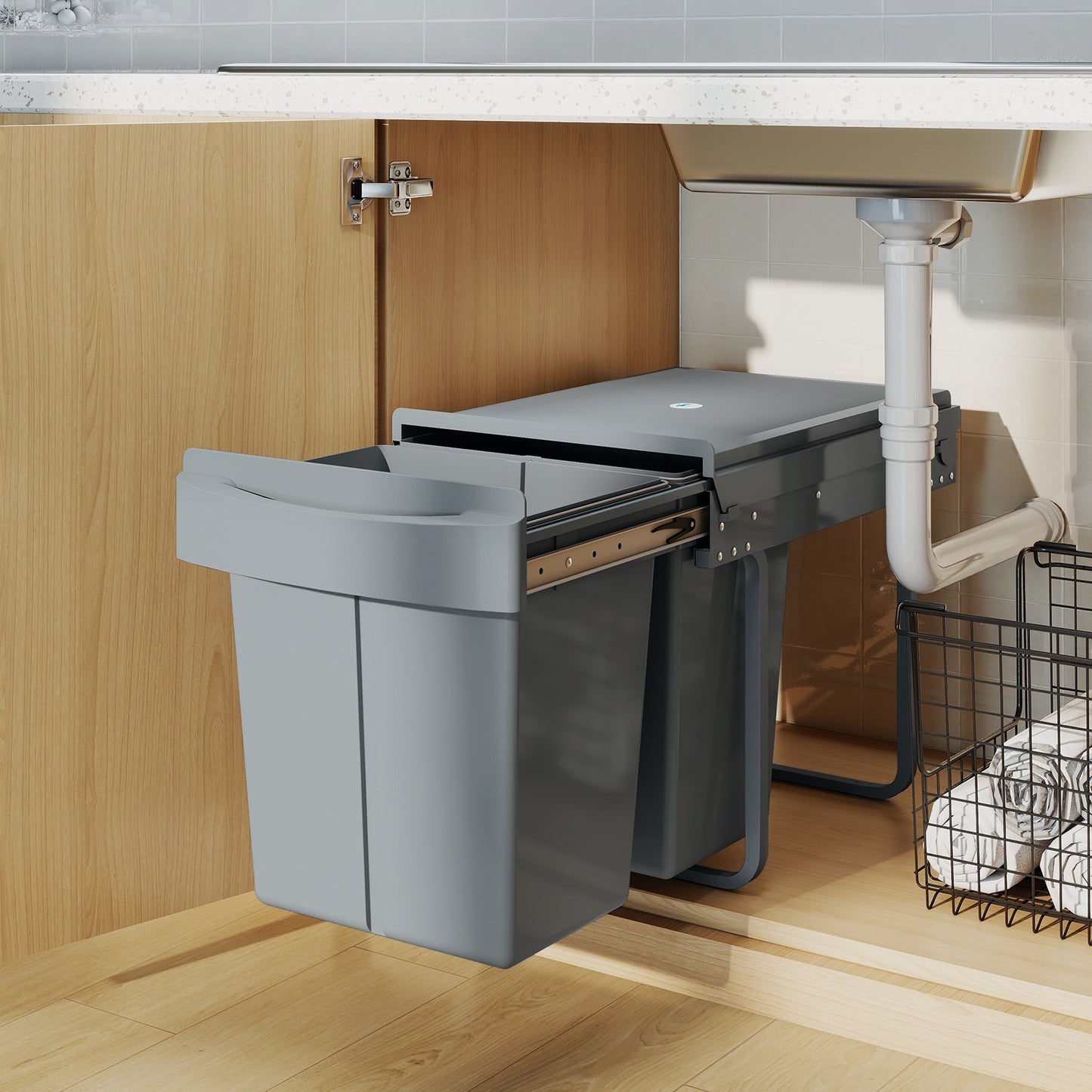 Kitchen Cupboard Bin with 40L Dual Compartment, Pull Out Bin, Grey