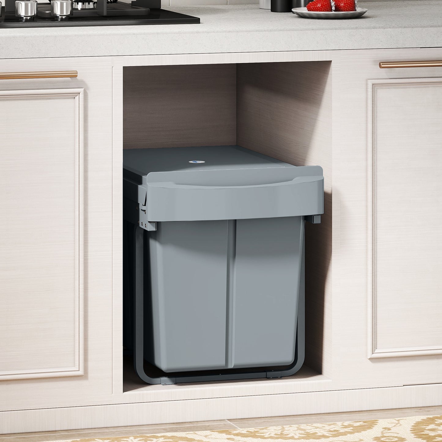 Kitchen Cupboard Bin with 40L Dual Compartment, Pull Out Bin, Grey
