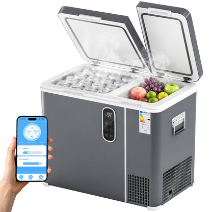 55L Compressor Car Fridge Freezer, Dual Zone Camping Refrigerator with App Control, 12/24V DC and 100-240V AC, Portable Electric Cool Box with Foldable Handle, Truck, Campervan, RV, Boat