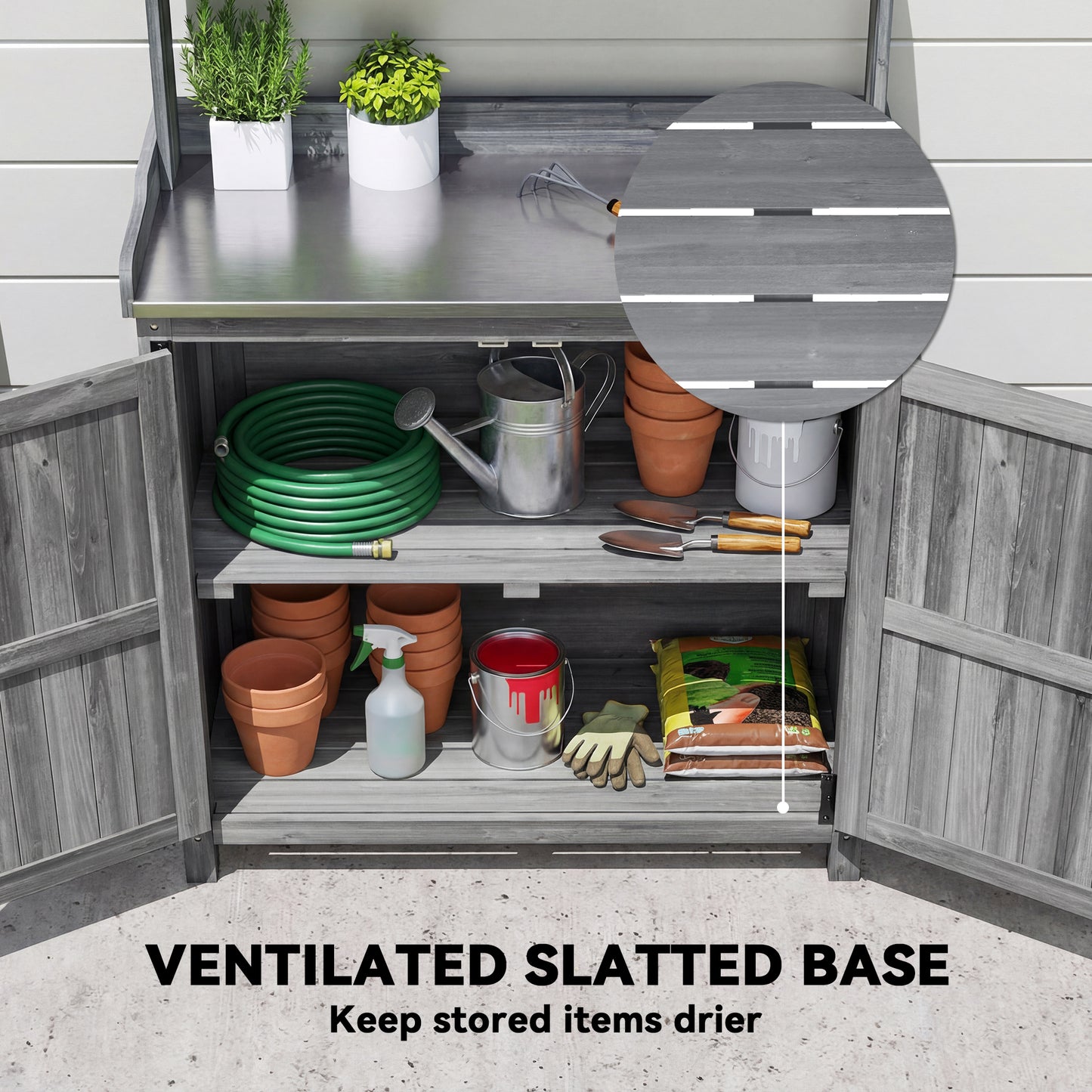 Wooden Potting Bench Table with Aluminium Worktop and Top Shelf