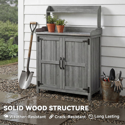 Wooden Potting Bench Table with Aluminium Worktop and Top Shelf