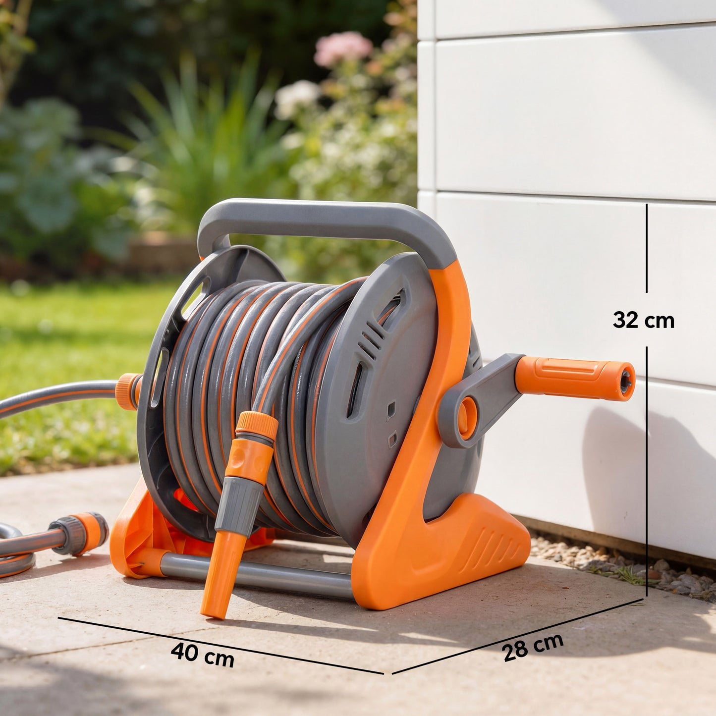 Portable Garden Hose Reel, 20+2 m Wall-Mounted Hose Reel with 2 Patterns Spray Nozzle, Compact with Crank Handle for Garage Car Cleaning Watering, Orange