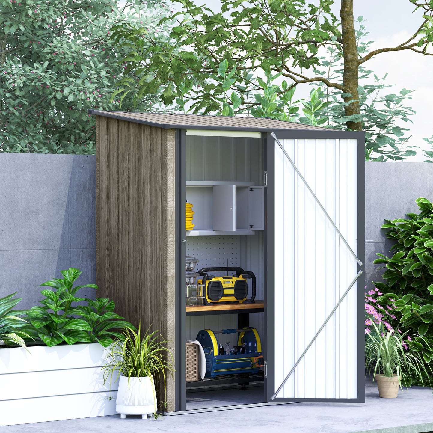 Outdoor Storage Shed Steel Garden Shed w/ Lockable Door Light Grey
