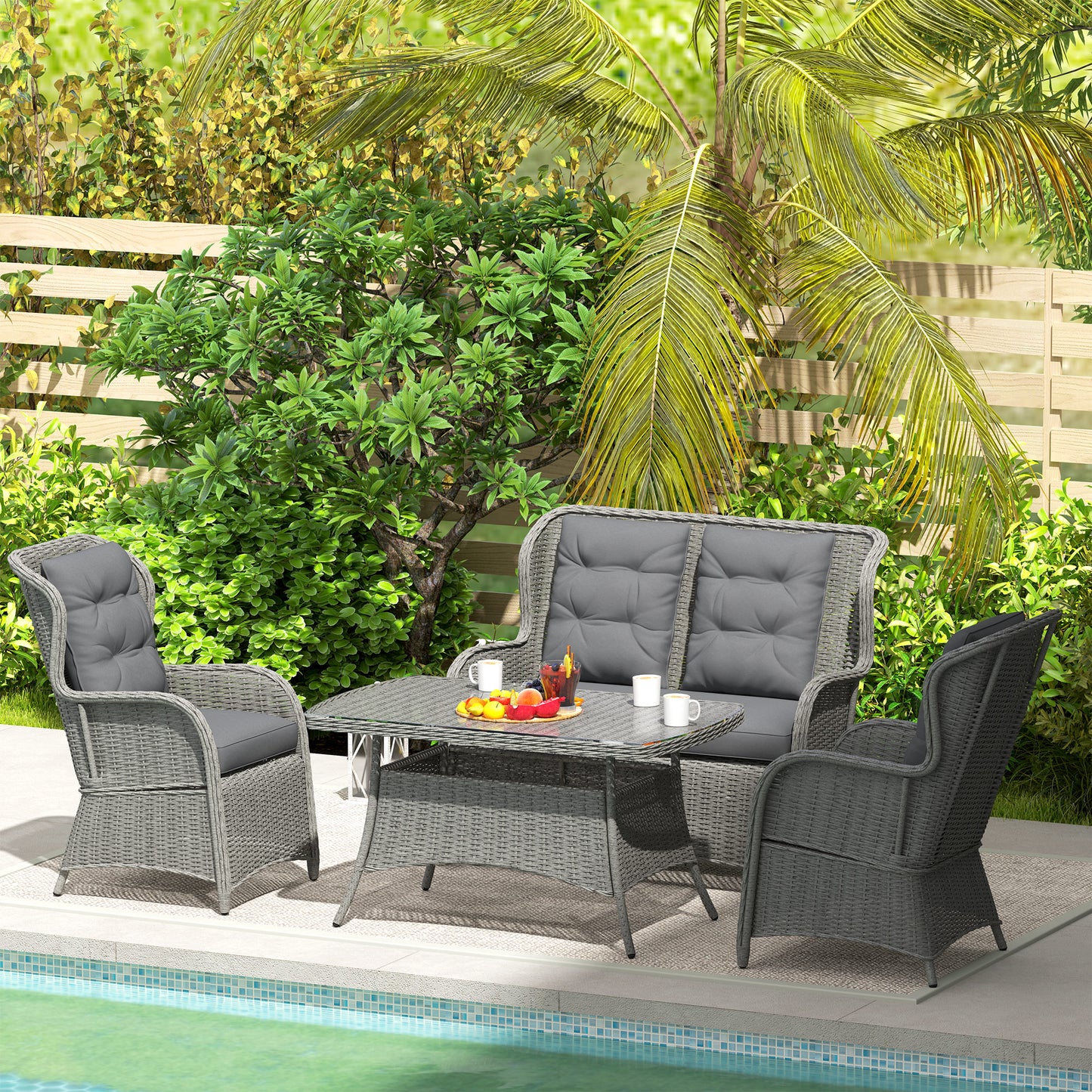 4 PCs Outdoor Rattan  Set, Wicker Sectional  Set Light Grey