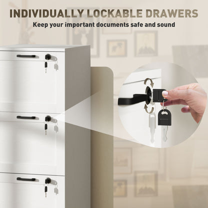 3-Drawer File Cabinet, Lockable Filing Cabinet for A4 Letter, White