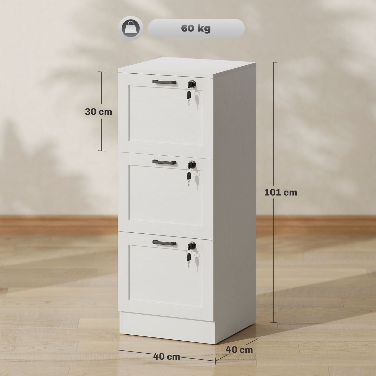 3-Drawer File Cabinet, Lockable Filing Cabinet for A4 Letter, White