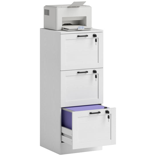 3-Drawer File Cabinet, Lockable Filing Cabinet for A4 Letter, White