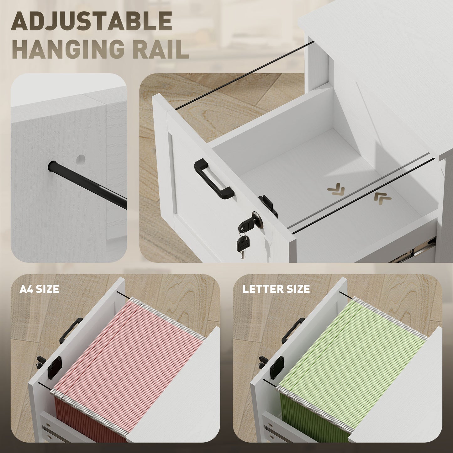 3-Drawer File Cabinet, Lockable Filing Cabinet for A4 Letter, White