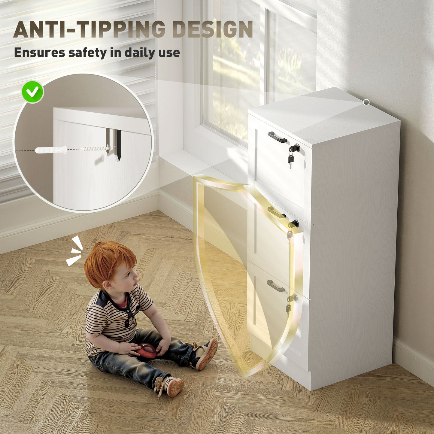 3-Drawer File Cabinet, Lockable Filing Cabinet for A4 Letter, White