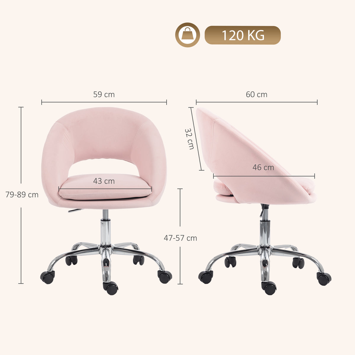 Velvet Desk Chair with Height-Adjustable, Wheels, Pink