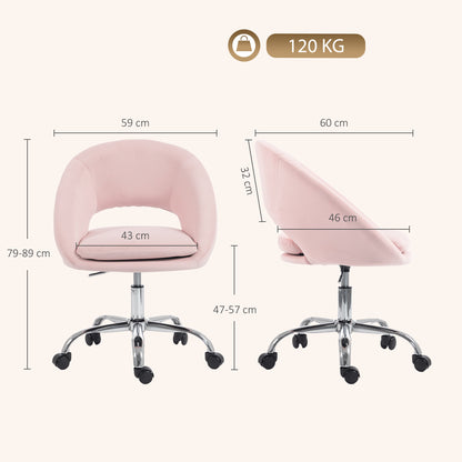Velvet Desk Chair with Height-Adjustable, Wheels, Pink