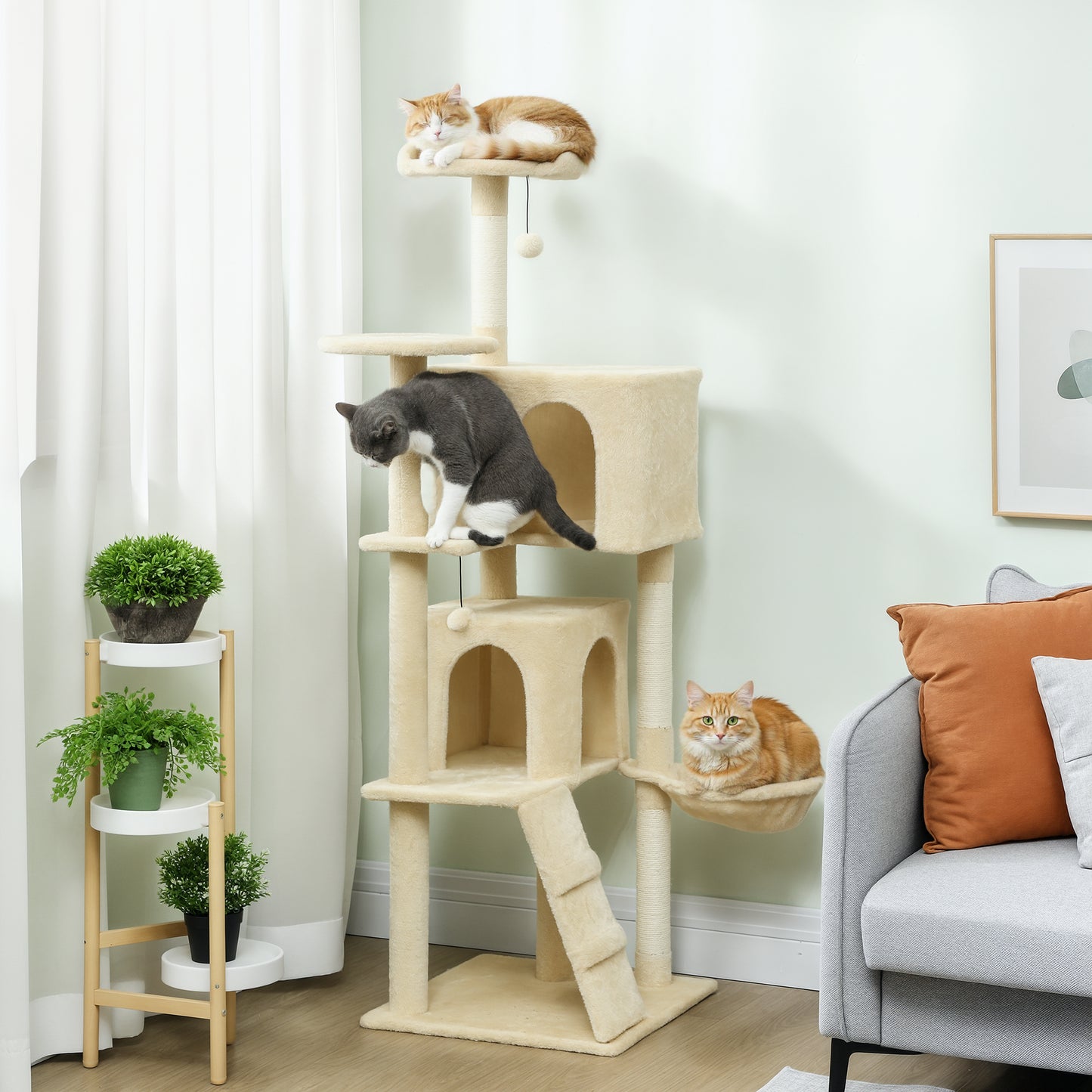 160cm Cat Tree Tower with Sisal Scratching Posts, Condos, Beige