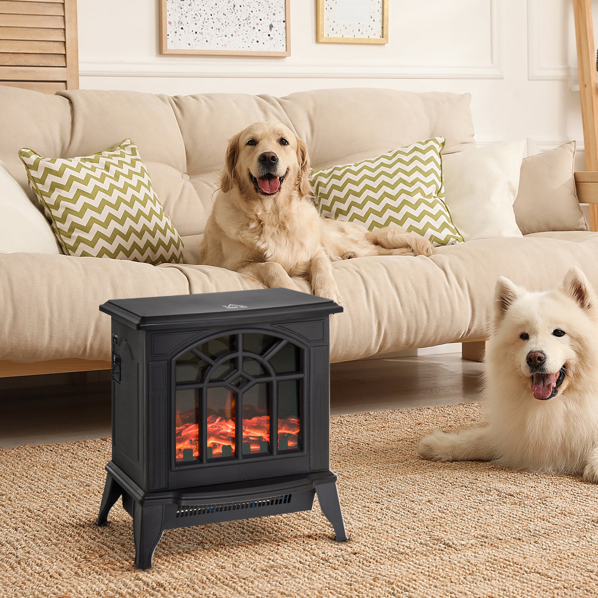 Freestanding Electric Fireplace Heater w/ LED Flame 1000W/2000W Black