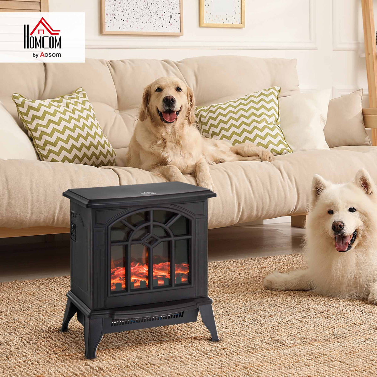Freestanding Electric Fireplace Heater w/ LED Flame 1000W/2000W Black