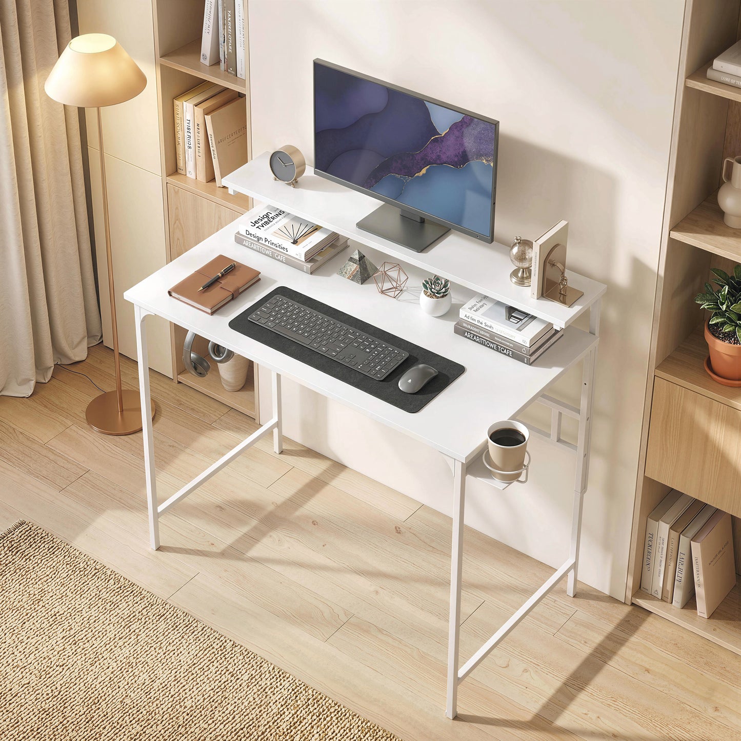 Computer Desk, 80cm Home Office Study Table with Hutch Shelf, White