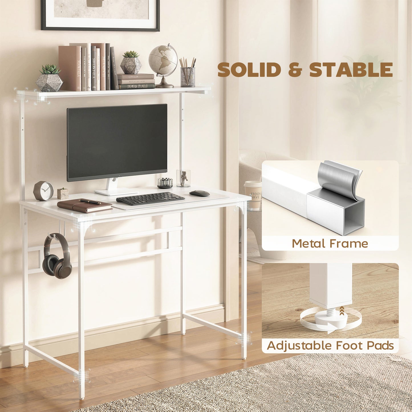 Computer Desk, 80cm Home Office Study Table with Hutch Shelf, White