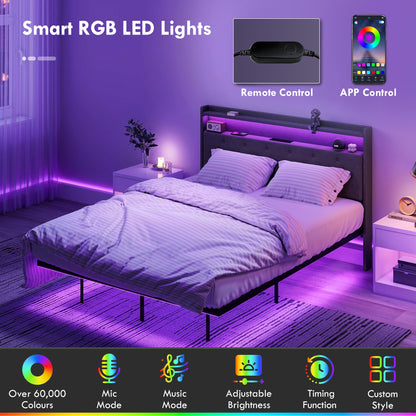 Floating Bed Frame with RGB Lights, Upholstered Double Size Bed, Grey