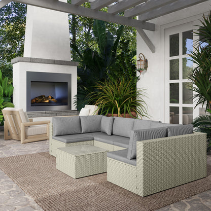 7 Pieces Rattan Garden Furniture Set with Cushions, Light Brown