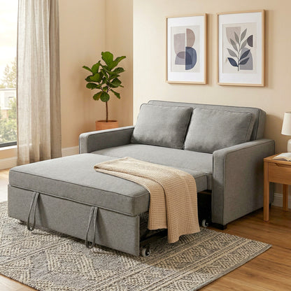 2 Seater Pull Out Sofa Bed with 2 Pillows, Fabric Click Clack Sofa Bed with Wood Core, Convertible Sleeper Sofa for Living Room, Bedroom, Grey