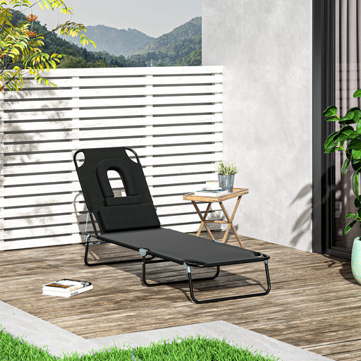 Sun Lounger Foldable Reclining Chair with Pillow and Reading Hole Garden Beach Outdoor Recliner Adjustable Black