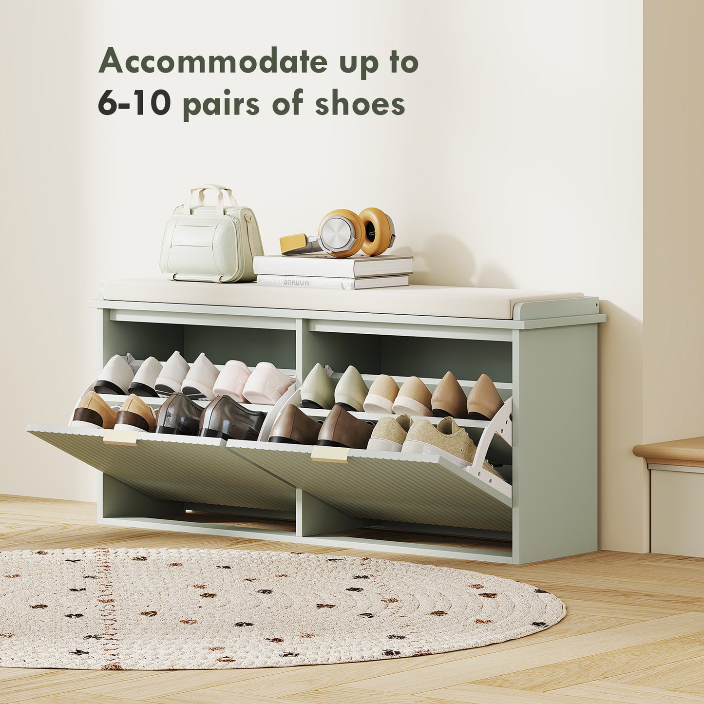 Shoe Storage Bench with Cushion and Flip-Drawer 104x26x47.5cm Green
