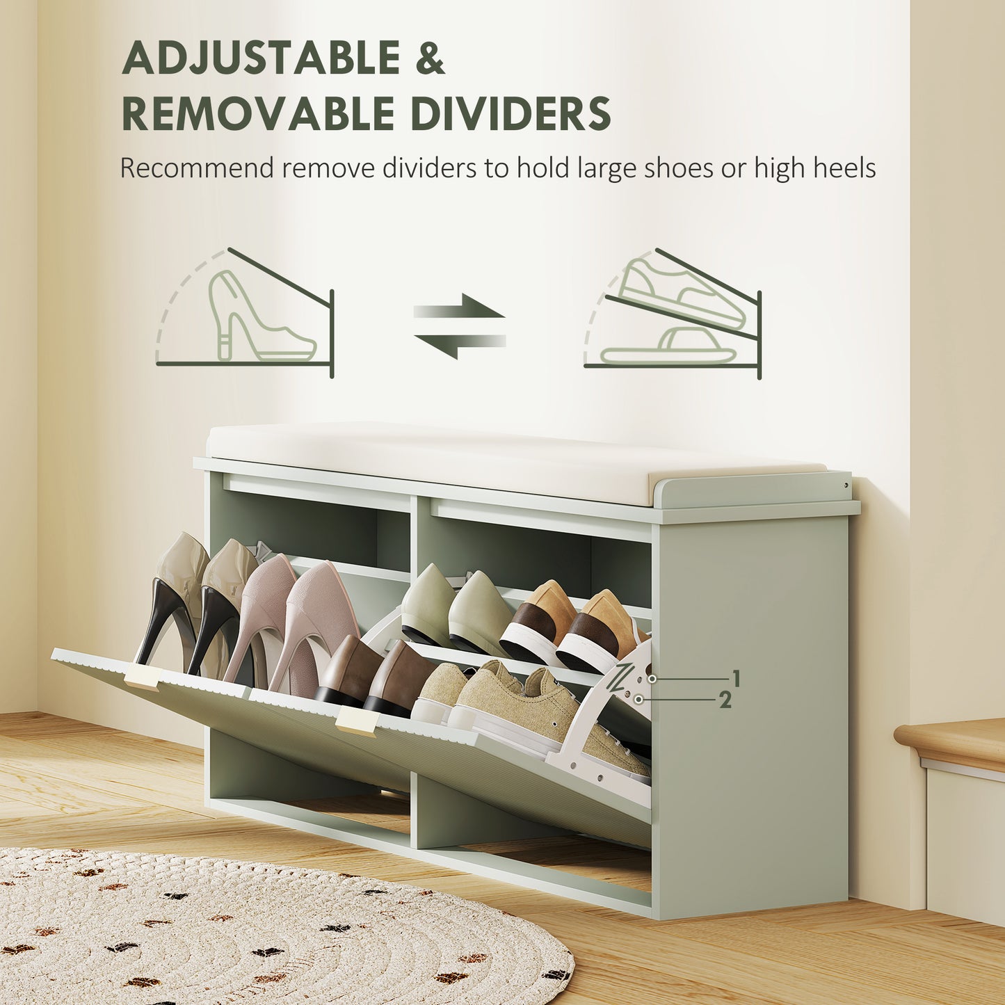 Shoe Storage Bench with Cushion and Flip-Drawer 104x26x47.5cm Green