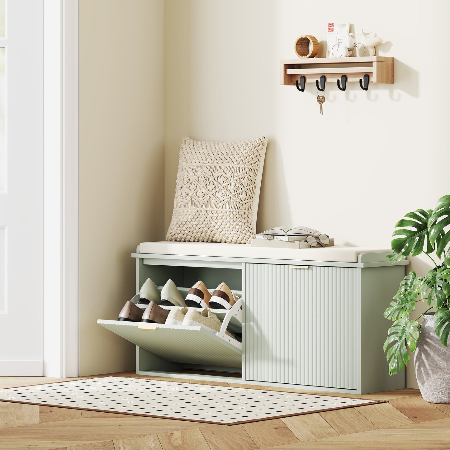 Shoe Storage Bench with Cushion and Flip-Drawer 104x26x47.5cm Green