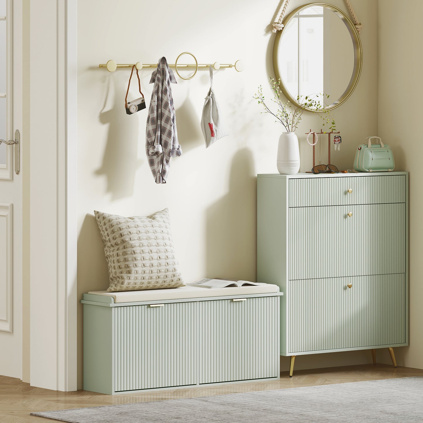 Shoe Storage Bench with Cushion and Flip-Drawer 104x26x47.5cm Green