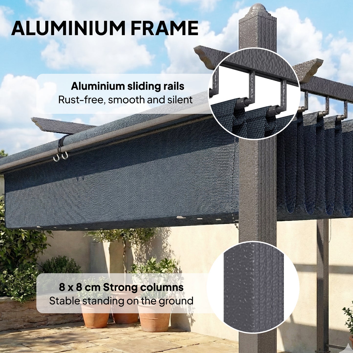 Garden Pergola with Retractable Roof Canopy, Dark Grey