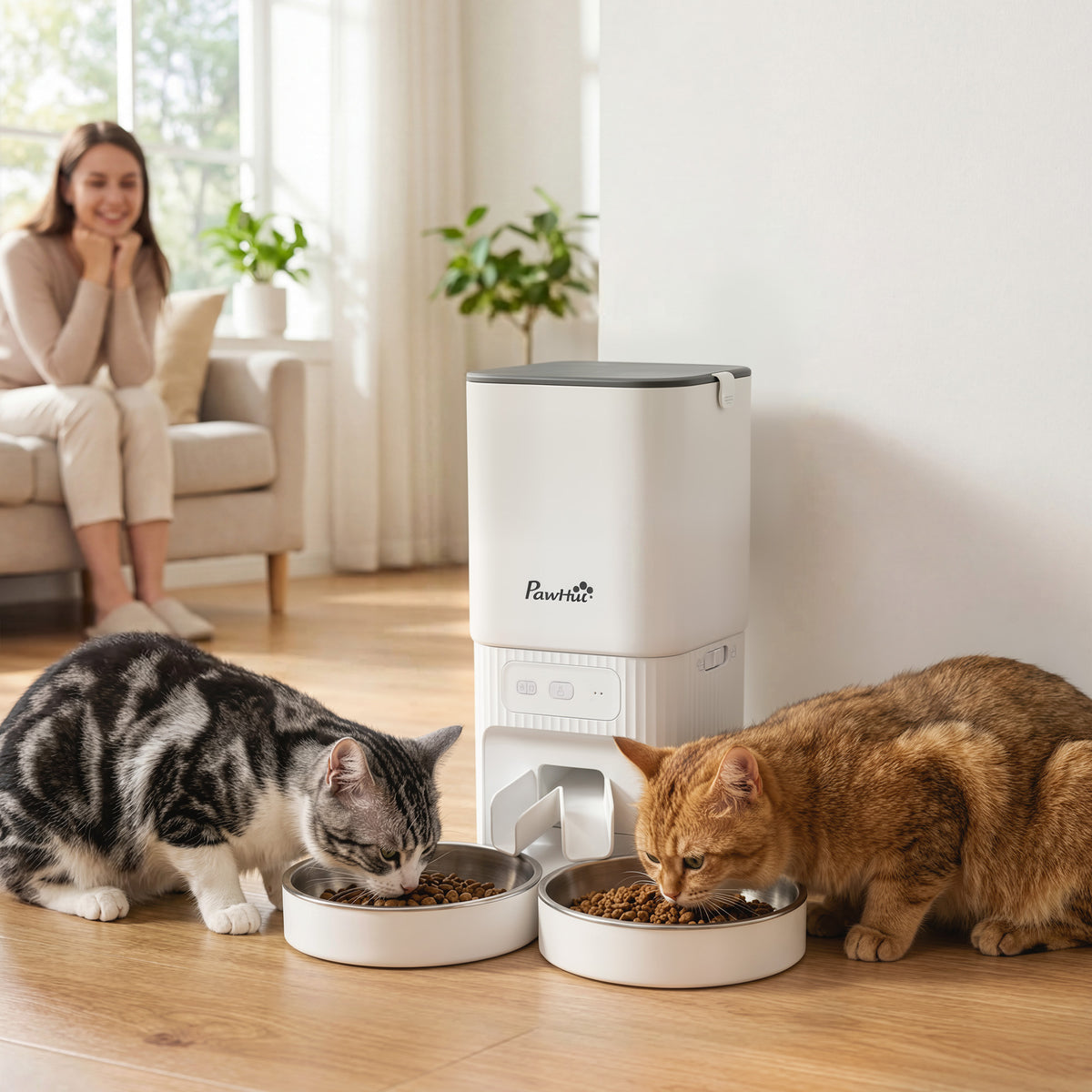 7L Automatic Cat Feeder with App Control, Timer and 2 Bowls - White