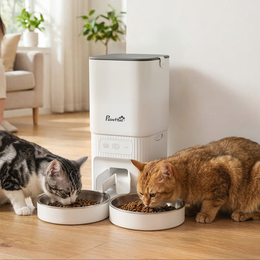 7L Automatic Cat Feeder with App Control, Timer and 2 Bowls - White
