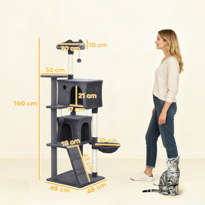 160cm Cat Tree Tower with Sisal Scratching Posts, Condos, Dark Grey